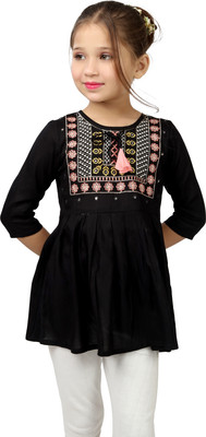 Ishti Girls Casual Rayon A-line Top(Black, Pack of 1)