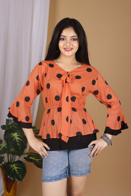 SUMITA CREATION Girls Party Rayon Top(Orange, Pack of 1)