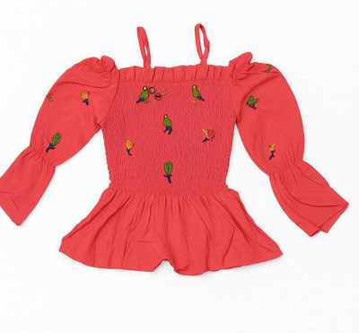 Pink Paradise Girls Casual Linen Blend Off Shouldered Top(Red, Pack of 1)