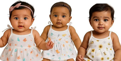 BUNNY & TORTOISE Baby Girls Printed Pure Cotton Regular T Shirt(Multicolor, Pack of 3)