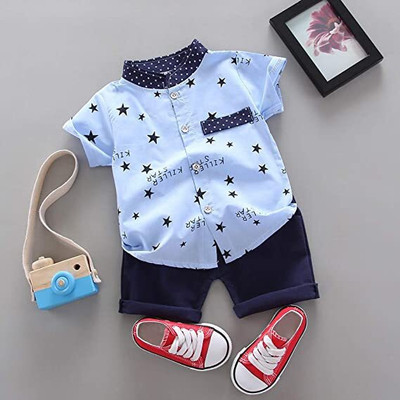 LITTLE MUNDA Boys Casual Shirt Shorts(KILLER_BLUE_White)