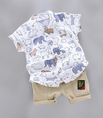 Sajavat Baby Boys Casual Shirt Shorts(HATHI WHITE_CHIKU_White)