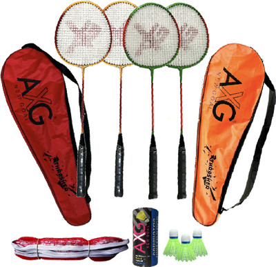 AXG NEW GOAL Classy Colored Thrasher Racquets Set of 4 with Plastic Shuttles and Net Badminton Kit