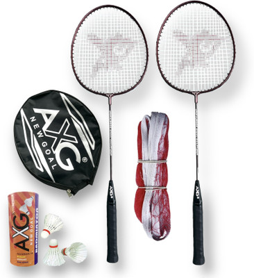 AXG NEW GOAL Scratchless A-2000 Badminton Racquets set Of 2 with 3 Feather Shuttles and Net Badminton Kit