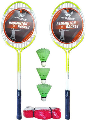 SPO Zone Badminton Kit Combo Set Of 2 Piece Racquet With 3 Piece Plastic Shuttle With Net Badminton Kit