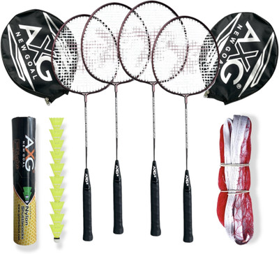 AXG NEW GOAL Scratch resistant A-2000 Racquets - Set of 4 with 10 Plastic Shuttles and Net Badminton Kit