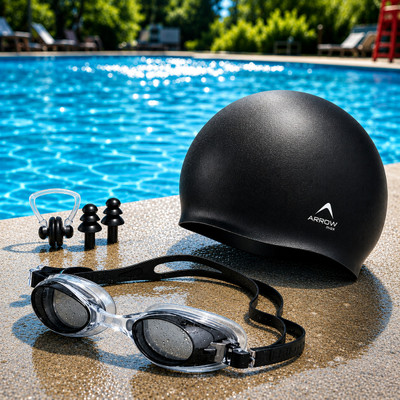 ArrowMax (silicone cap/Goggle/Earplugs/Noseplug) Black Swimming Kit