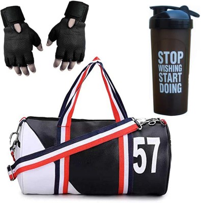 GROUPERS 57 PU Leather Gym Duffle bag ll SWSD Sipper Bottle ll Gym Gloves - Black White Fitness Accessory Kit Kit