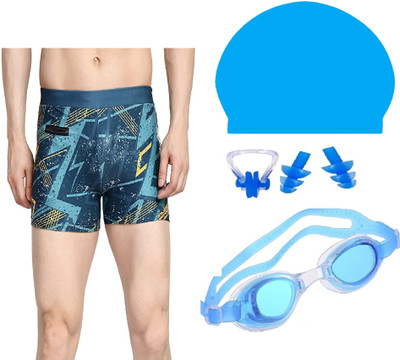THE MORNING PLAY MEN (26-28inch) SWIMMING COSTUME BLUE GOGGLE CAP 2 EARPLUG NOSECLIP Swimming Kit
