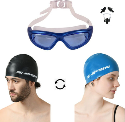 ArrowMax Reversible swimming cap (1pc)Antifog Wide Glass Swimming Goggles,set combo kit Swimming Kit