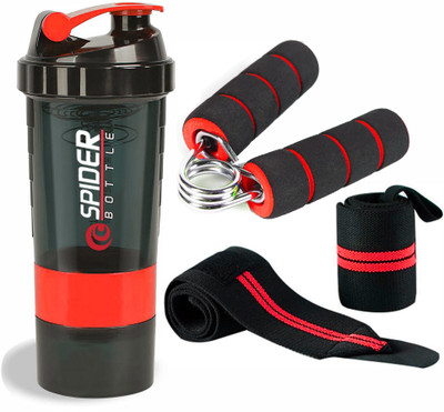TRUE INDIAN Best Quality Combo of Gym Shaker Bottle With Wrist Band And Hand Gripper For Gym Fitness Accessory Kit Kit