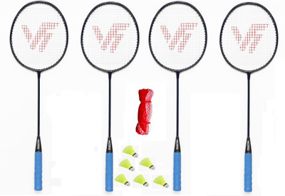 VELLFIRE 4 PC Single Shaft Racket + 6 Shuttle cock + 1 Badminton net / Combo Set Badminton Kit