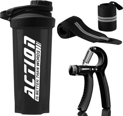 TRUE INDIAN 700ml Protein Shaker Bottle, Hand Gripper, Wrist Band for Strong Wrist & Forarms Fitness Accessory Kit Kit