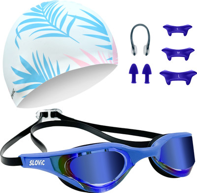 SLOVIC Goggles & Cap with Ear Plug, Nose Clip | UV Protection| Combo Swimming Kit