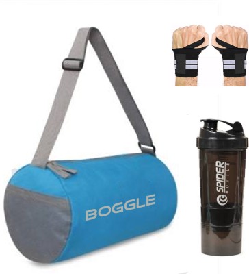Boggle Polyester Combo Set of Gym Duffle Bag with Wrist Support Band and Shaker Bottle Gym & Fitness Kit