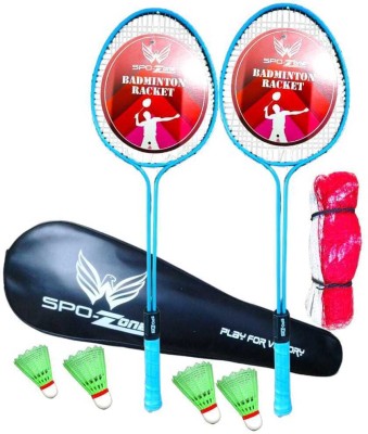 SPO Zone Double Shaft Badminton Racket Combo Kit Set Of 2 Racquet With 4 Cock Net Cover Badminton Kit