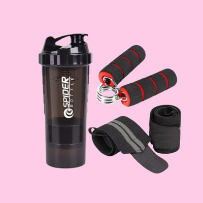 Jais Set of 3 Gym Protein Shaker With Wrist Support Band & Hand Gripper Fitness Accessory Kit Kit