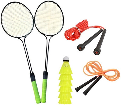 kickmixsports Badminton Racquet Set of 2pcs With 6pcs Nylon Shuttlecock And 2 Skipping Rope Badminton Kit