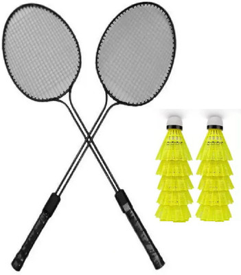 STYRKR 2 Pc Double Shaft Iron Body Badminton Racket With 10 Pc Nylon Shuttle Cock Badminton Kit