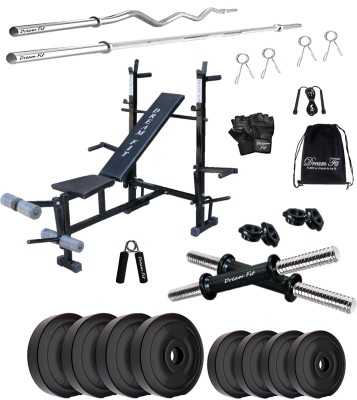 DreamFit 10 kg 30kg PVC plates, 8in1 bench, 3ft curl & 5ft straight rod, dumbbell rods & acc Home Gym Combo