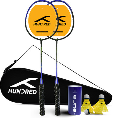 Hundred Powertek Ultra X Set (2 Strung Rackets + 1 Full Cover + 3pc Aura Nylon Shuttles) Badminton Kit