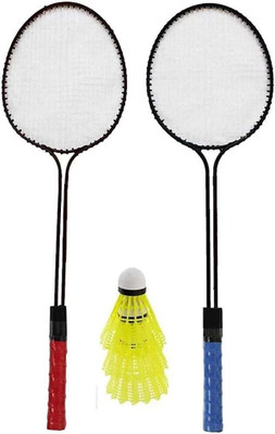 HOC Double Shaft Iron Body Pack Of 2 Piece Badminton Racket With 3 Piece Plastic new Badminton Kit