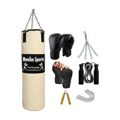 Monika Sports Senior Boxing Combo 3 feet unfilled Punching Bag With Hanging Chain + Pair of Boxing handwrap + Pair of Boxing Gloves + 1 Bearing Skipping Rope + 1 Wooden Handgrip + 1 Mouth Guard Boxing Kit