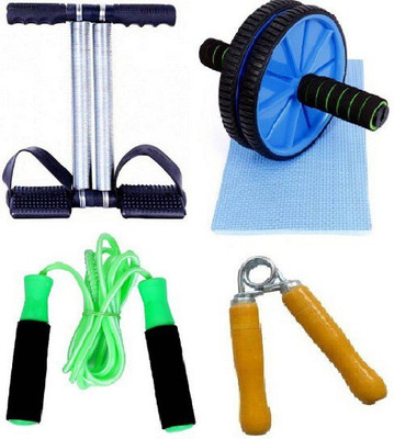Fitfun COMBO OF DOUBLE SPRING TUMMY TRIMMER AB WHEEL SKIPPING ROPE WOODEN HAND GRIP Fitness Accessory Kit Kit