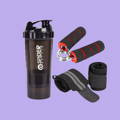 Jais Set of 3 Gym Protein Shaker With Wrist Support Band & Hand Gripper Fitness Accessory Kit Kit