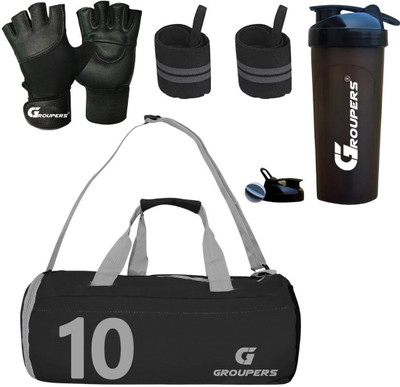 GROUPERS Gym Duffle bag ,SWSD Sipper Bottle ll Wrist Band ll Gym Gloves- 10 Fitness Accessory Kit Kit