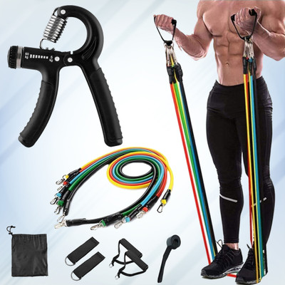 QUICK FIT Fitness Combo of 11-In-1 Resistance Bands Set with Adjustable Hand Gripper Fitness Accessory Kit Kit