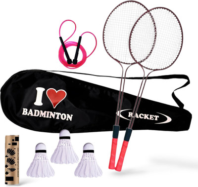 AIMSON Double shaft racket set and 3 feather shuttle,1 Skipping rope, with fancy cover Badminton Kit