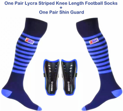BalRama 2 Pair Combo One Pair Lycra Striped Knee Length Football Socks + Pair Shin Guard Football Kit