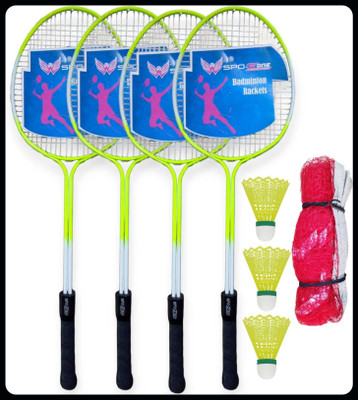 SPO Zone Badminton Racquet Set Of 4 Piece With 3 Piece Nylon Shuttle Cock With Net-116 Badminton Kit