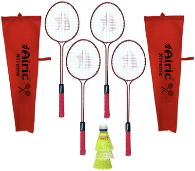 Airic Classic Double Shaft Xtreme Set of 4 with 3 Plastic Shuttles and Net Badminton Kit