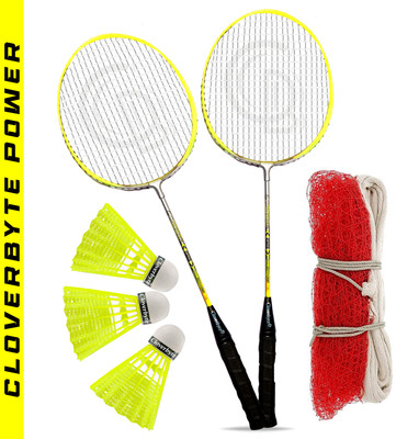 CLOVERBYTE POWER Yellow LightWeight Badminton Racquet 1 Pair with 3 pc Shuttlecocks And Net Badminton Kit