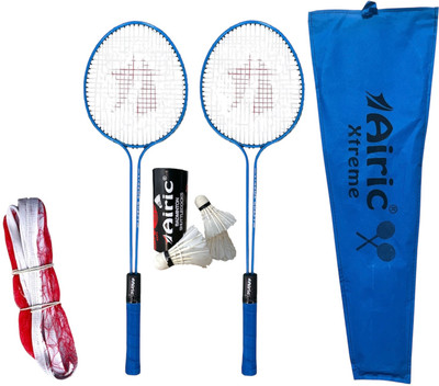 Airic Xtreme Double Shaft Raquets with Feather Shuttles and 3 side tape Net Badminton Kit