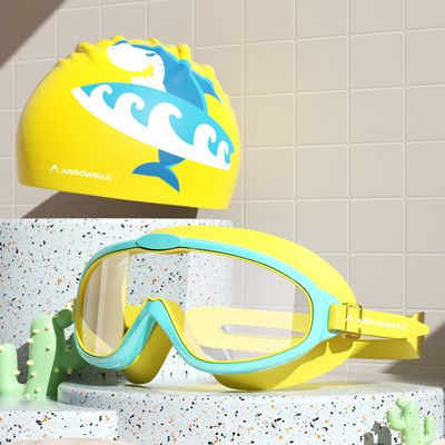 ArrowMax Swimming Goggle Cap Set For Kids Swim Wide Lense Printed Swimming Kit