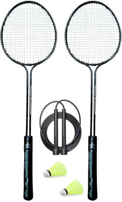 Trego 2 pc Double Shaft Racket + 2 Nylon Shuttle cock+1 Pencil skipping Rope Free Badminton Kit