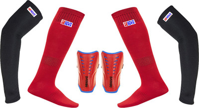 DENOVO Ultimate Protection (One Pair Large Shin Guard + One Pair Lycra Plain Knee Length Football Socks + One Pair UV Protection Arm Sleeves) Football Kit