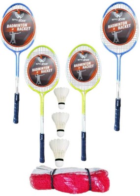 SPO Zone Badminton Kit Combo Set Of 4 Piec Racquet With 3 Piece Feathers Shuttle With Net Badminton Kit