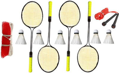 kickmixsports Racquet Set of 4pcs (2 Pair) With 6pcs Feather Shuttles 1 Net 1 Pencil Rope Badminton Kit