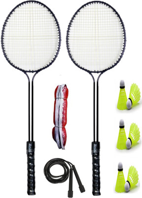 Monika Sports 2 PC Double Shaft Racket+6 Shuttle+1Badminton Net+ Pencil Skipping Rope Free Badminton Kit