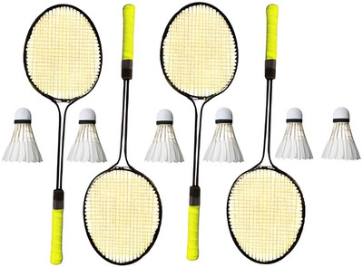 kickmixsports Badminton Racquet Set of 4pcs (2 Pair) With 6pcs Feather Shuttles Badminton Kit