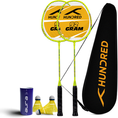 Hundred Powertek 200 (2 Strung Rackets with 1 Full Cover) & 3pc Aura Nylon Shuttlecocks Badminton Kit