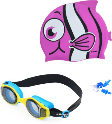 SHIFTER Kids Swimming Combo Set Kit Fish Shape Cap With Premium Anti Fog Swimming Goggle Swimming Kit