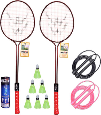 STYRKR Double Shaft set of 2 Racket And 6 Nylon Shuttle And 2 Skipping Rope Badminton Kit
