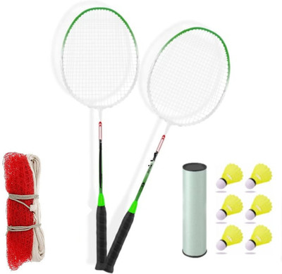 Shamsons BADMINTION SINGLE SHAFT RACKETS WITH 6PC PLASTIC SHUTTLE COCK WITH NET Badminton Kit