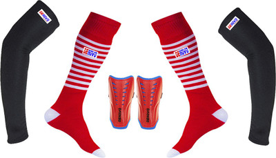 DENOVO Ultimate Protection (One Pair Large Shin Guard + One Pair Lycra Striped Knee Length Football Socks + One Pair UV Protection Arm Sleeves) Football Kit