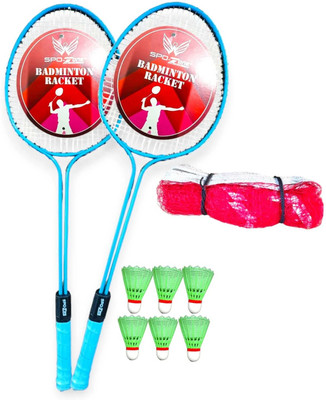 SPO Zone Double Shaft Badminton Racket Combo Kit Set Of 4 Racquet With 6 Shuttlecock Net Badminton Kit